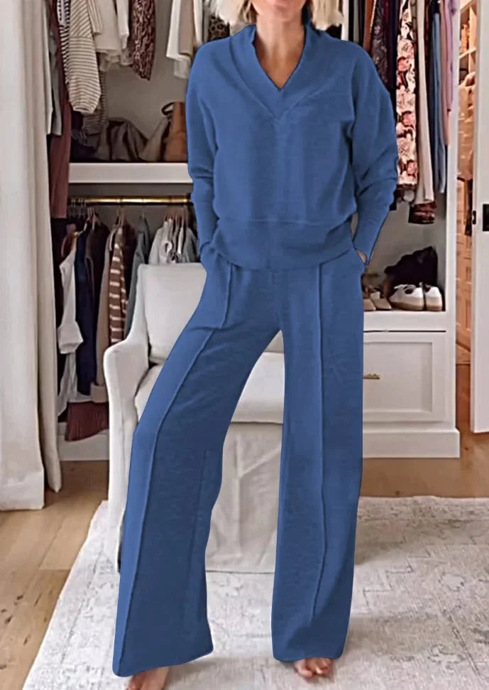RelaxStil | Zweiteiliges Damen Set mit V-Ausschnitt Oberteil und Hose