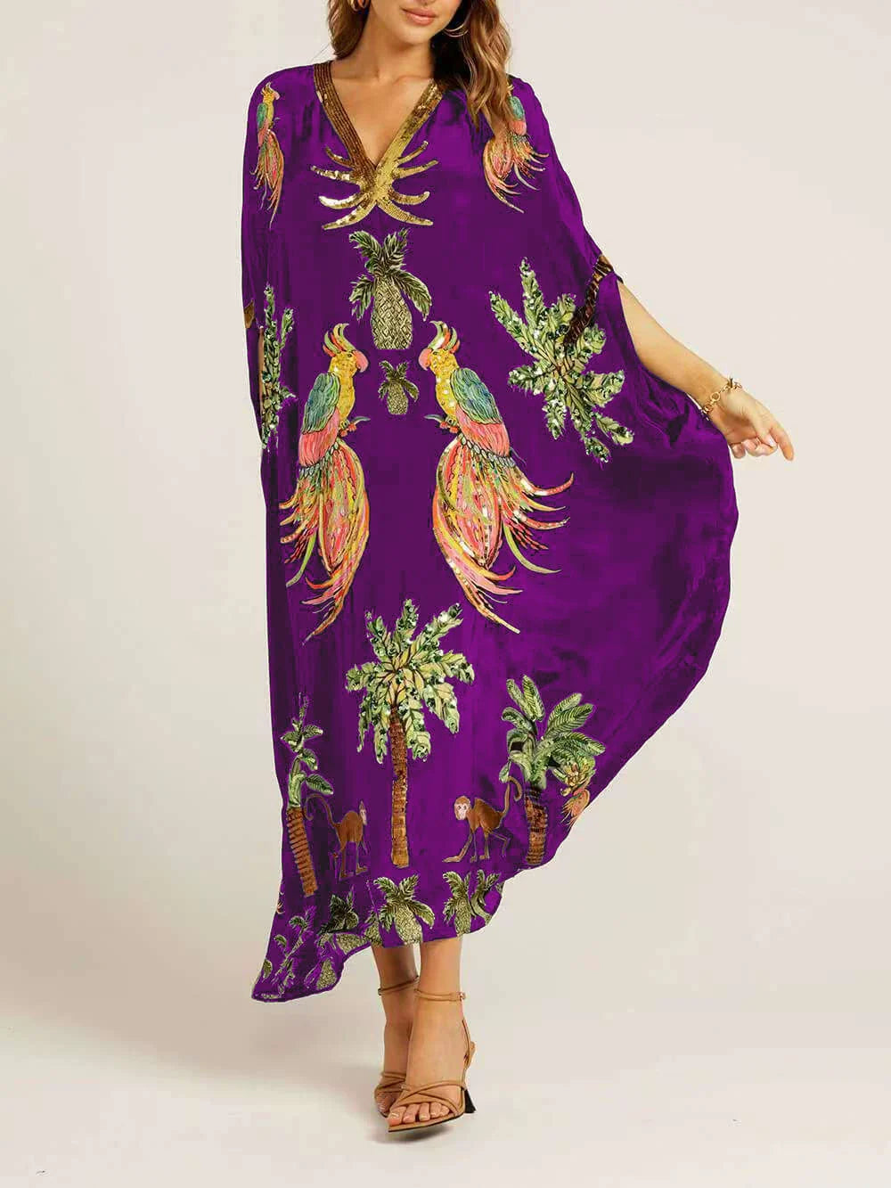 TropenFlair | Weites Maxikleid mit Papageien-Print und V-Ausschnitt