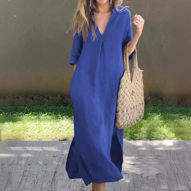 SommerLeicht | Lockeres Leinenkleid mit V-Ausschnitt