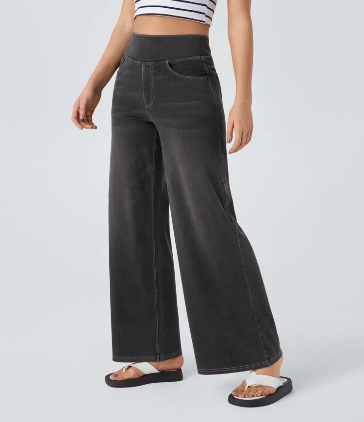 Weite Stretch-Jeans mit hoher Taille ohne Reißverschluss