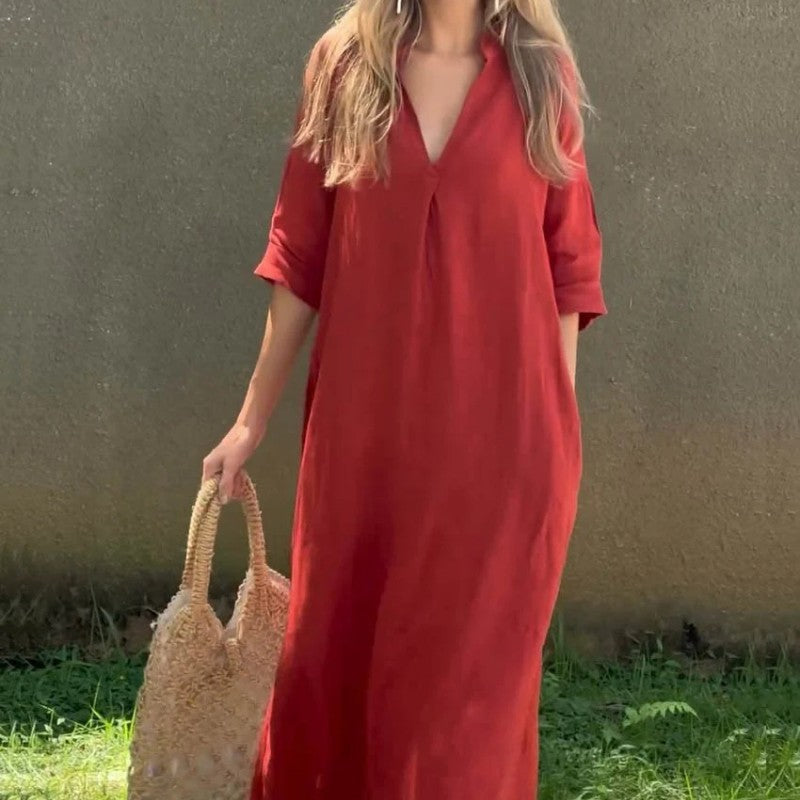 SommerLeicht | Lockeres Leinenkleid mit V-Ausschnitt