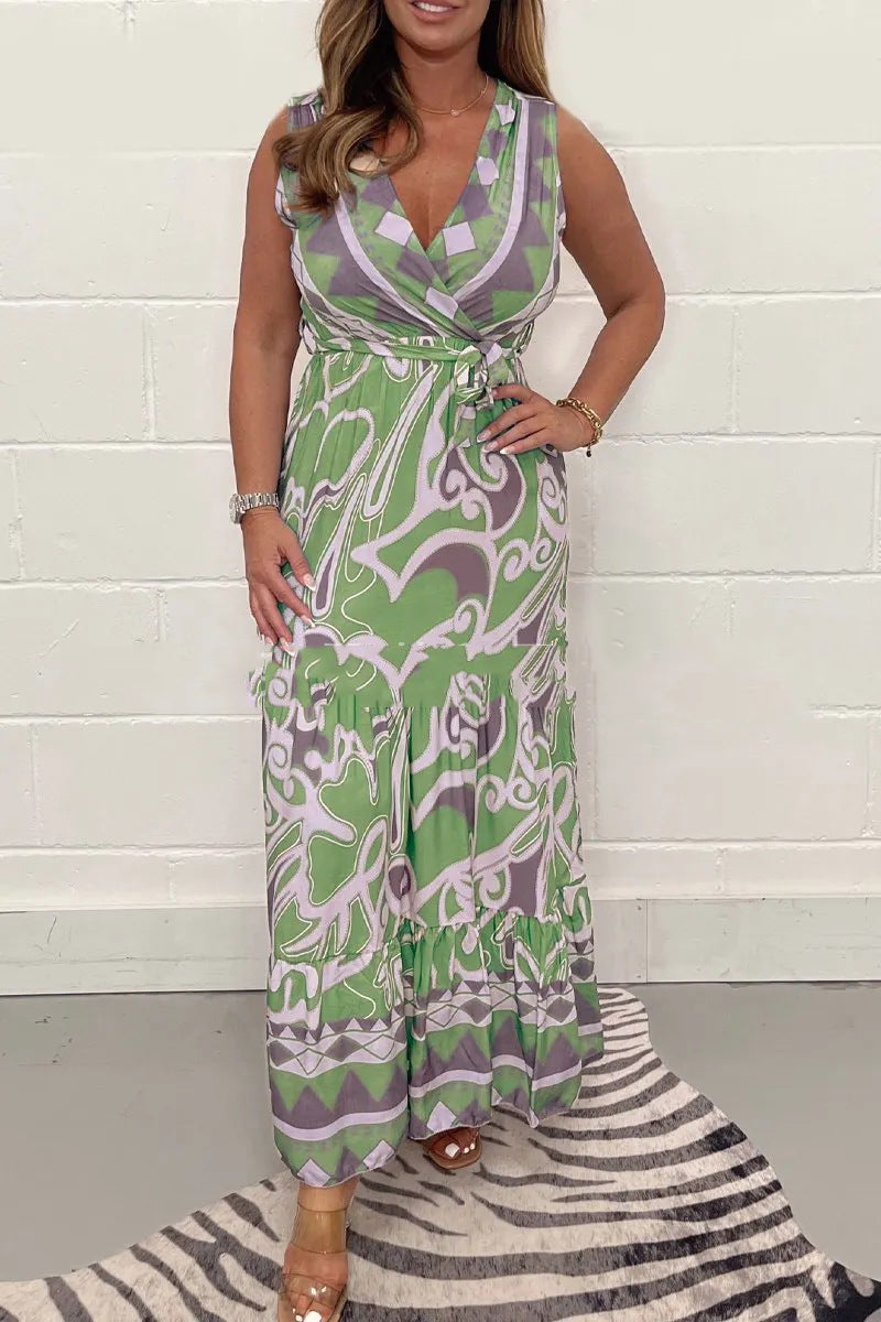 RetroStil | Ärmelloses Maxikleid mit Wickelausschnitt und Musterprint