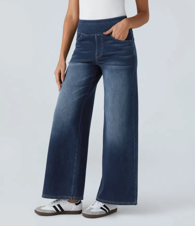 Weite Stretch-Jeans mit hoher Taille ohne Reißverschluss