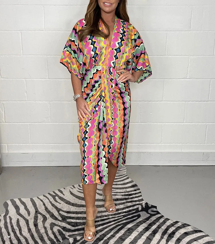 EthnoGlanz | Kimono-Midikleid mit Geometrischem Ethno-Print