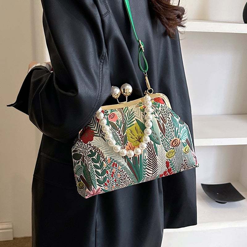 FloraPerle | Vintage Handtasche mit Perlengriff & Blumenmuster