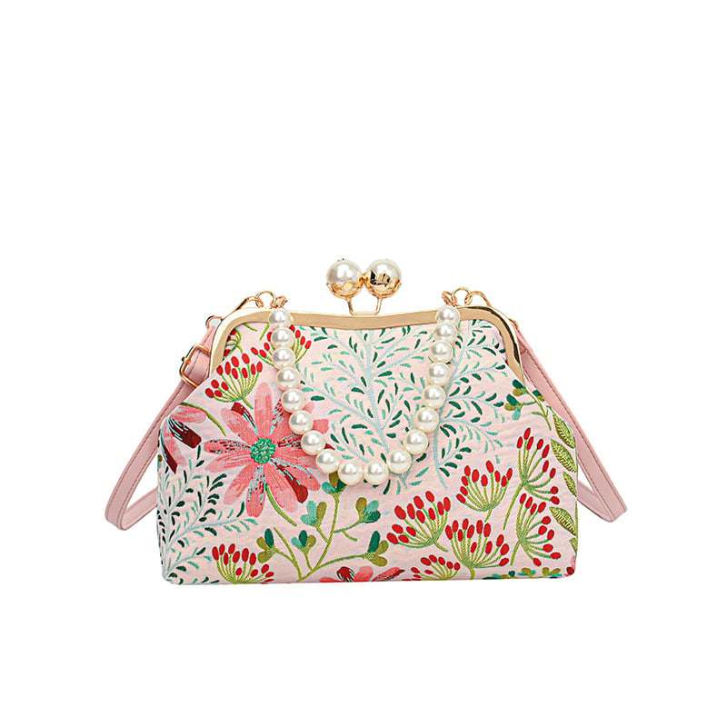 FloraPerle | Vintage Handtasche mit Perlengriff & Blumenmuster