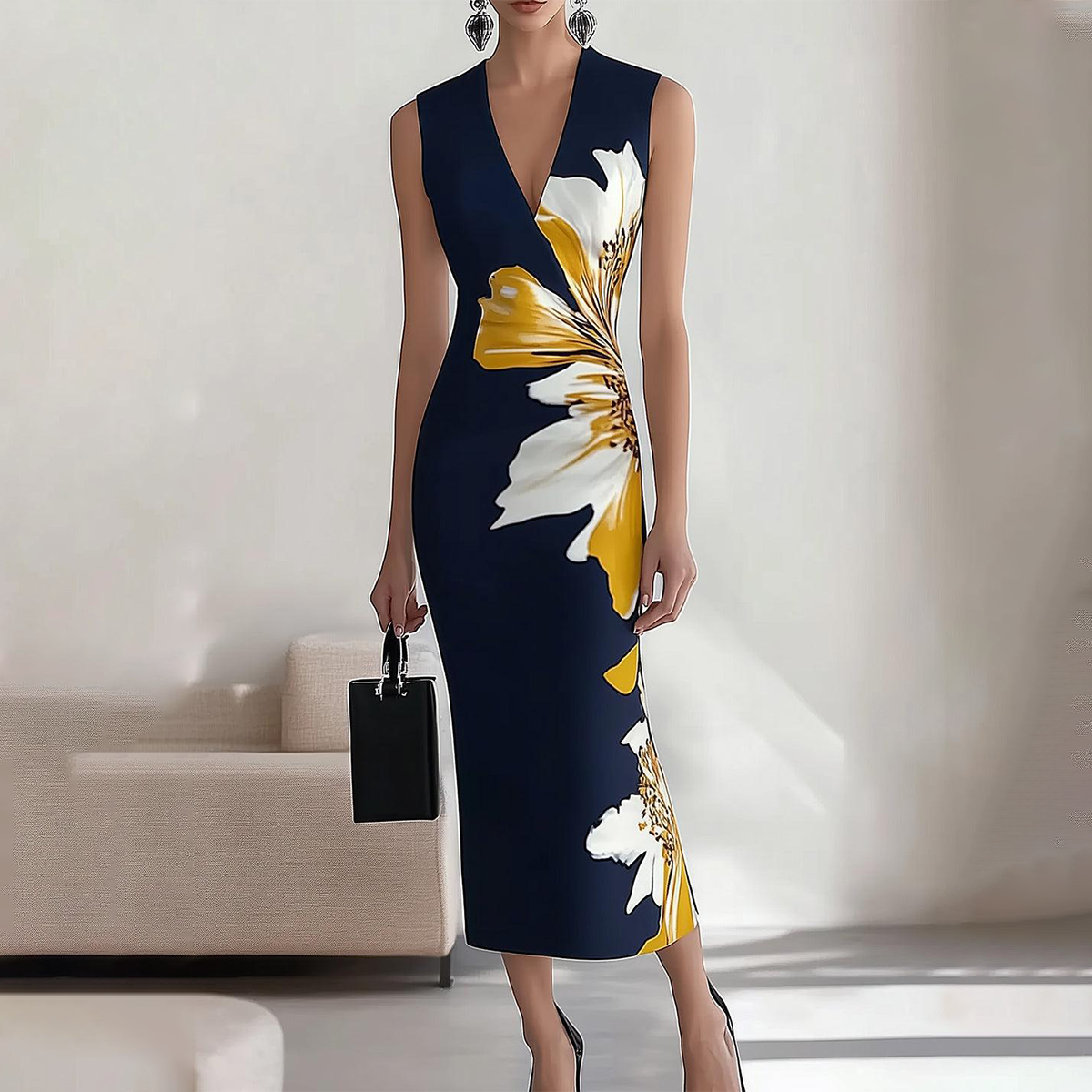StilRein | Figurbetontes Midi-Kleid mit Blumenmuster