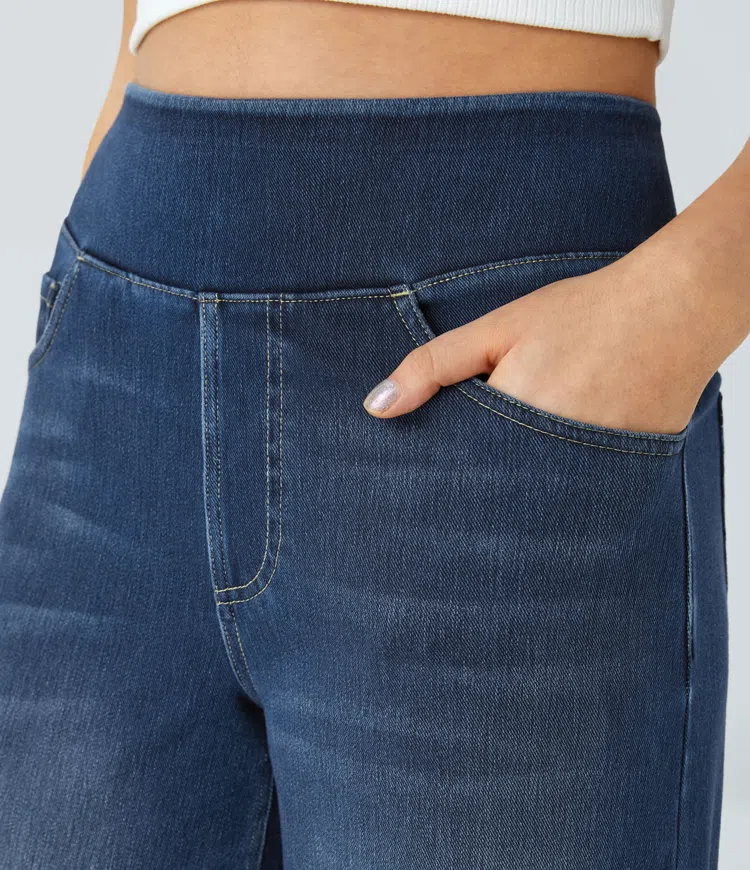 Weite Stretch-Jeans mit hoher Taille ohne Reißverschluss