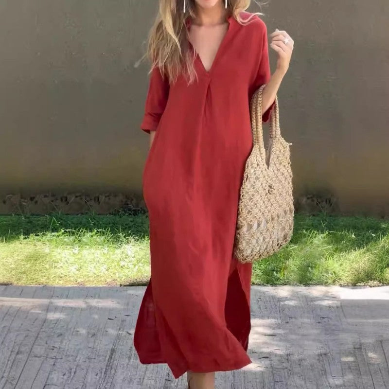 SommerLeicht | Lockeres Leinenkleid mit V-Ausschnitt