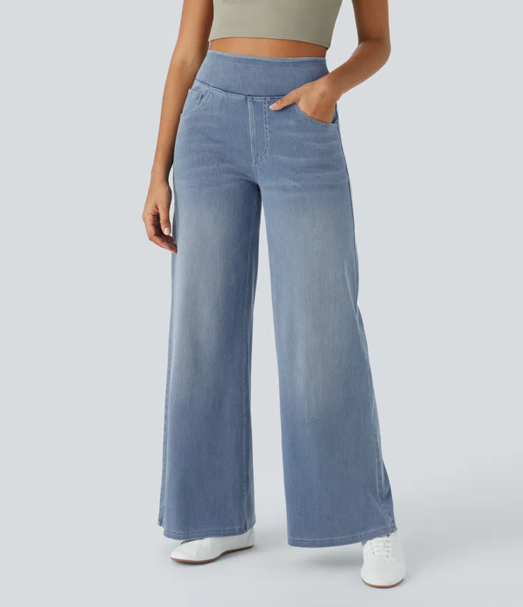 Weite Stretch-Jeans mit hoher Taille ohne Reißverschluss