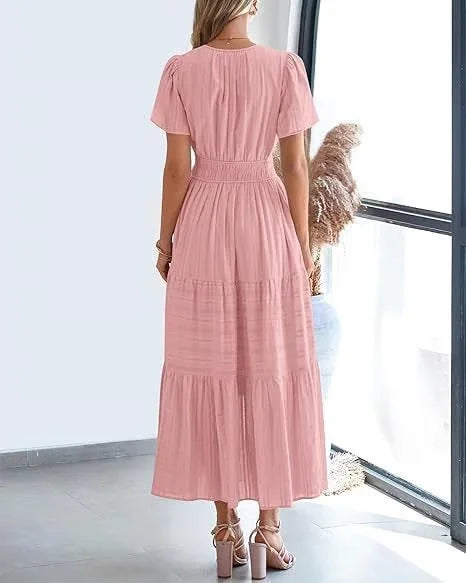 StilvollerFluss | Lockeres Maxikleid mit Taillierung und V-Ausschnitt