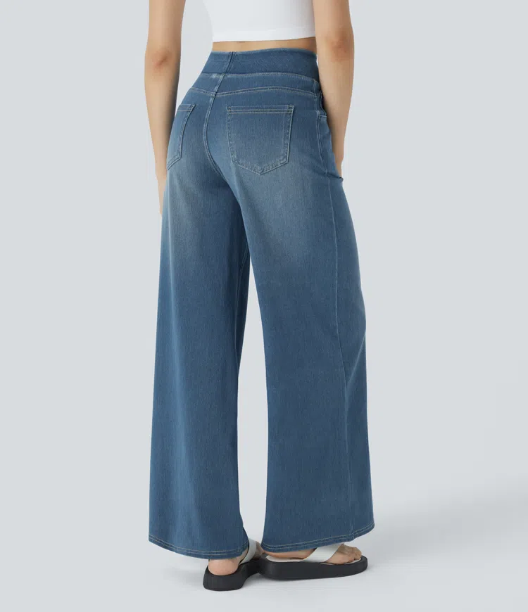 Weite Stretch-Jeans mit hoher Taille ohne Reißverschluss