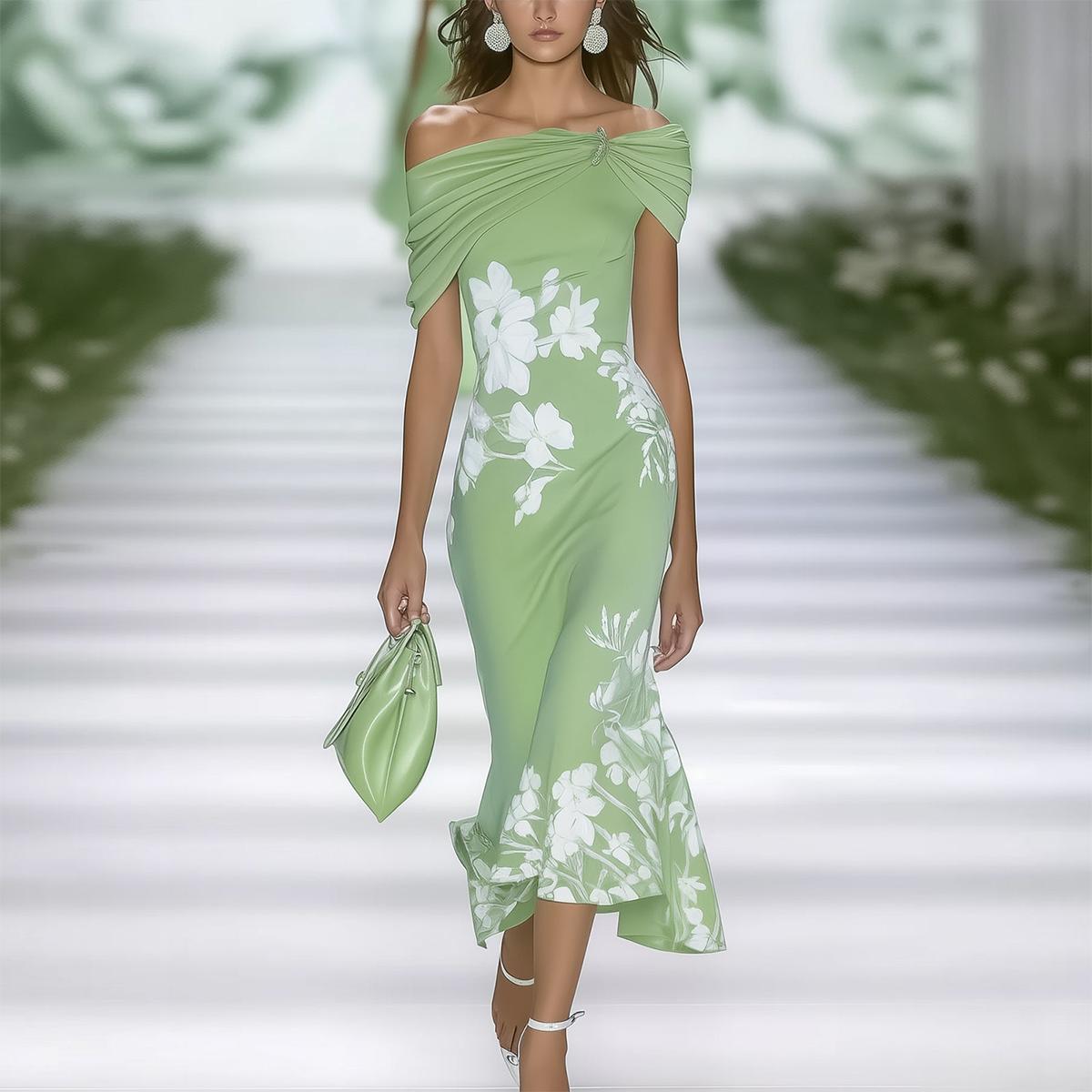 CocktailGlanz | Schulterfreies Midi-Kleid mit Blumenmuster
