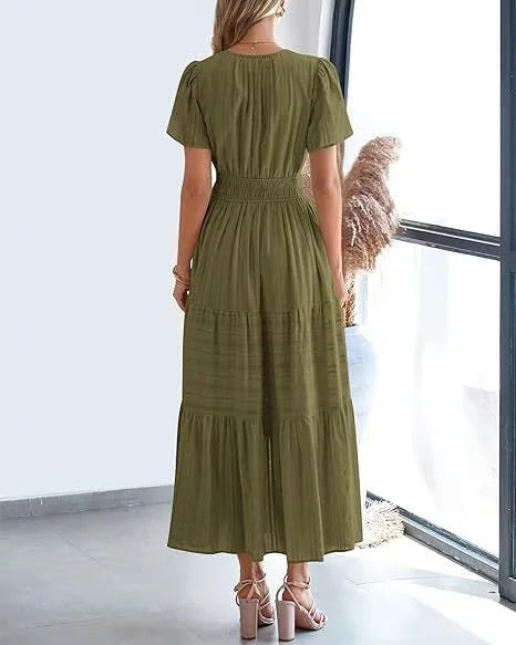 StilvollerFluss | Lockeres Maxikleid mit Taillierung und V-Ausschnitt