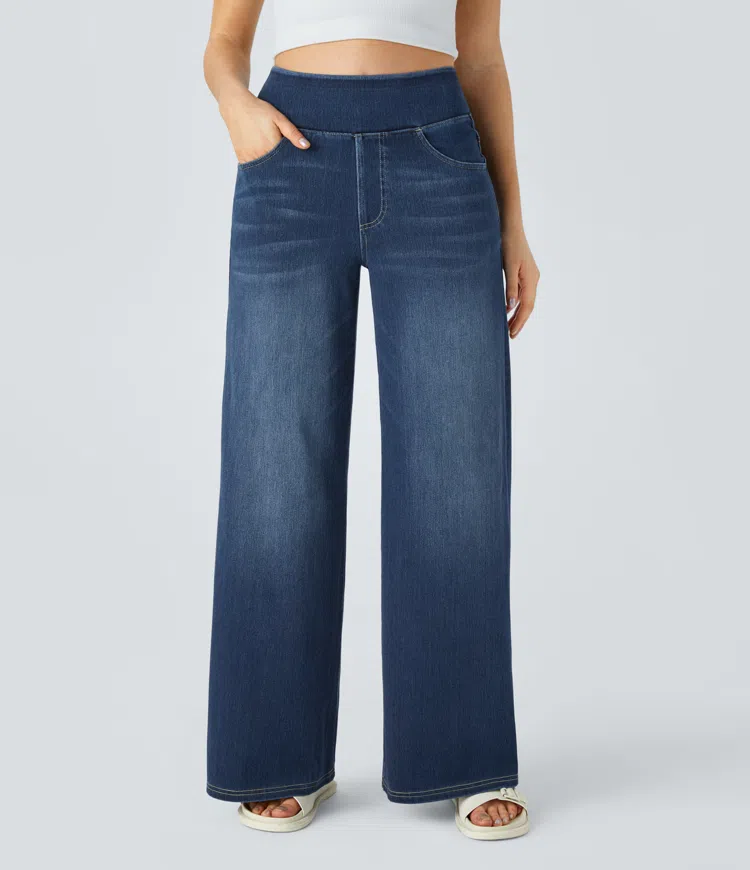 Weite Stretch-Jeans mit hoher Taille ohne Reißverschluss