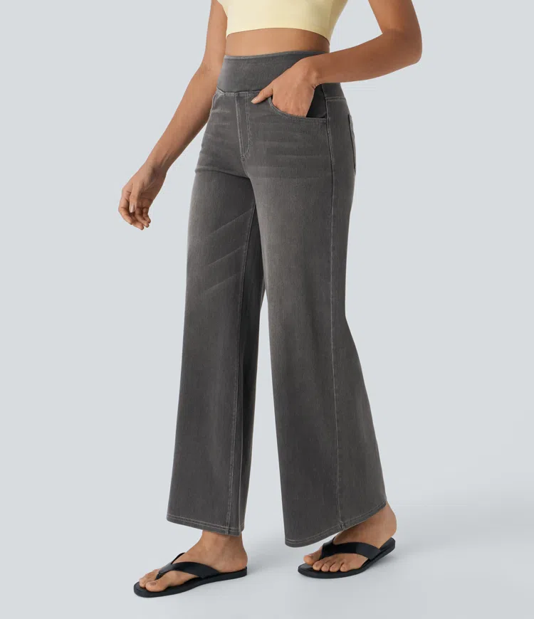 Weite Stretch-Jeans mit hoher Taille ohne Reißverschluss