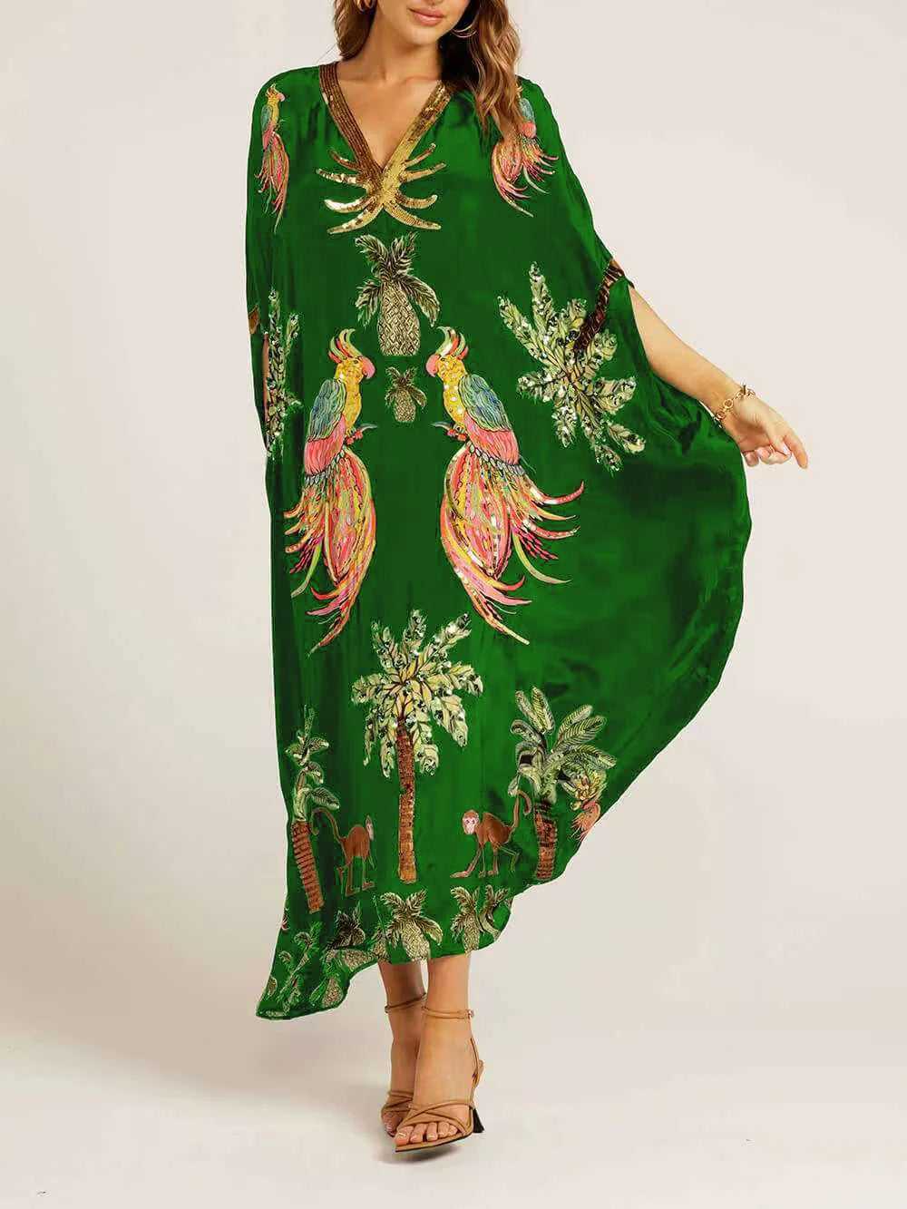 TropenFlair | Weites Maxikleid mit Papageien-Print und V-Ausschnitt