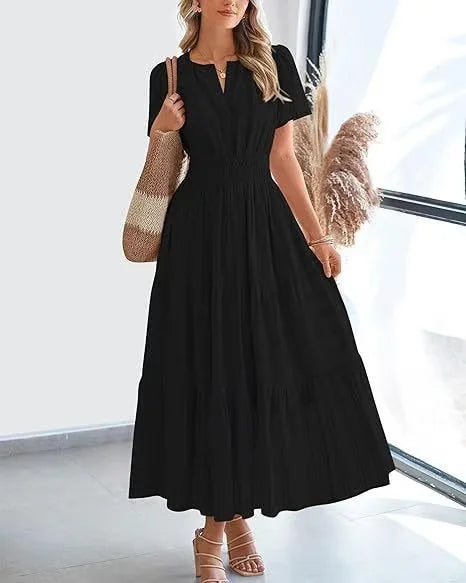 StilvollerFluss | Lockeres Maxikleid mit Taillierung und V-Ausschnitt