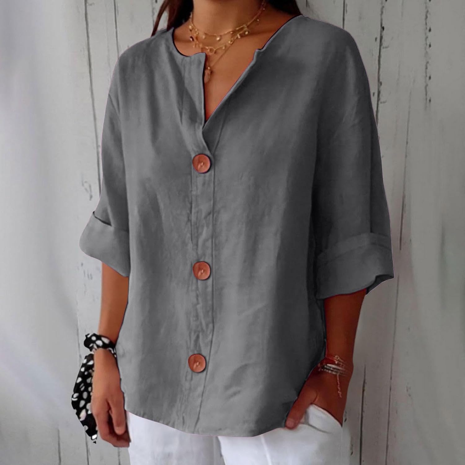 TagesGlanz | Bequeme Bluse mit Dreiviertelärmeln und Knopfleiste