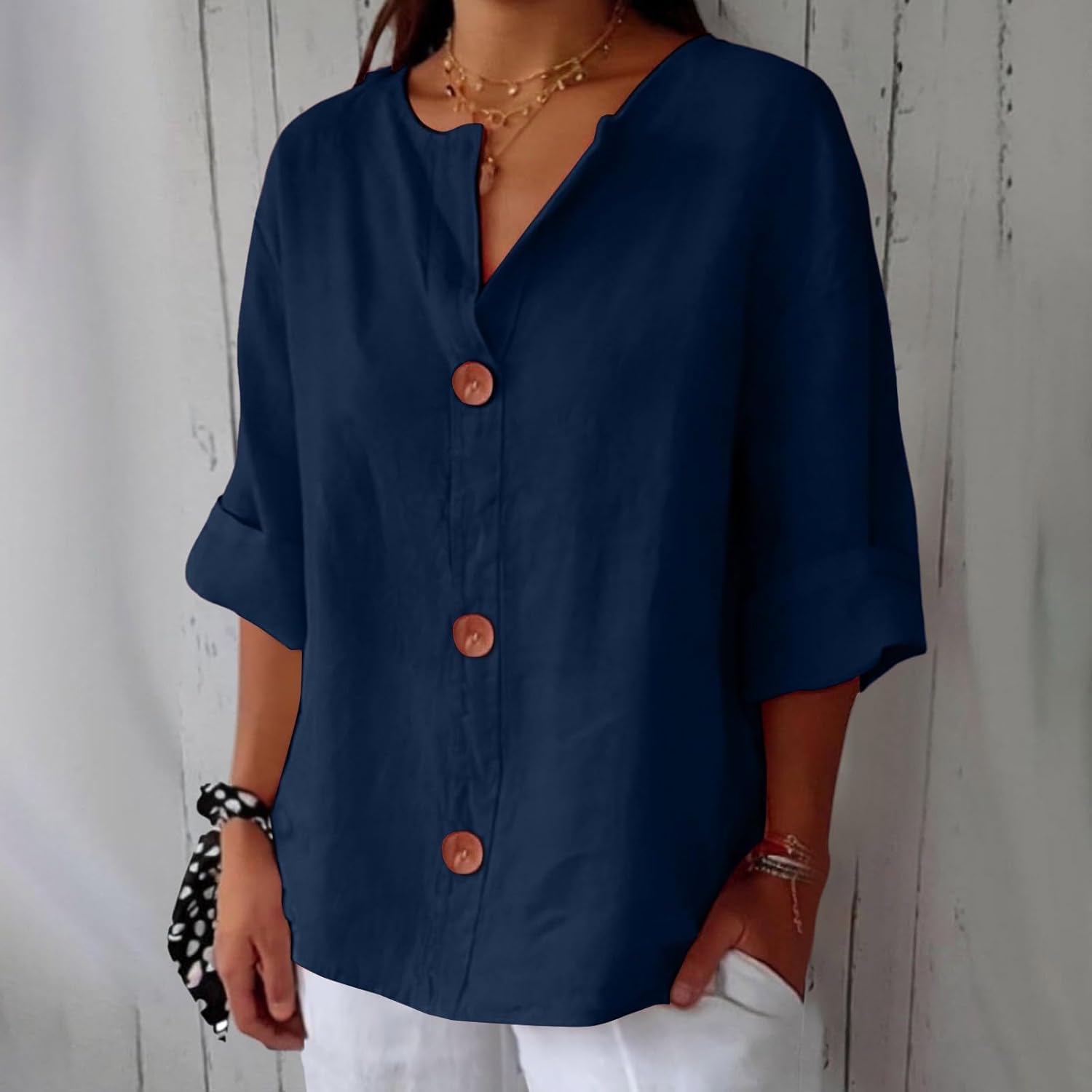 TagesGlanz | Bequeme Bluse mit Dreiviertelärmeln und Knopfleiste