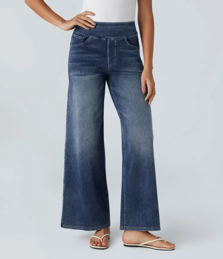 Weite Stretch-Jeans mit hoher Taille ohne Reißverschluss