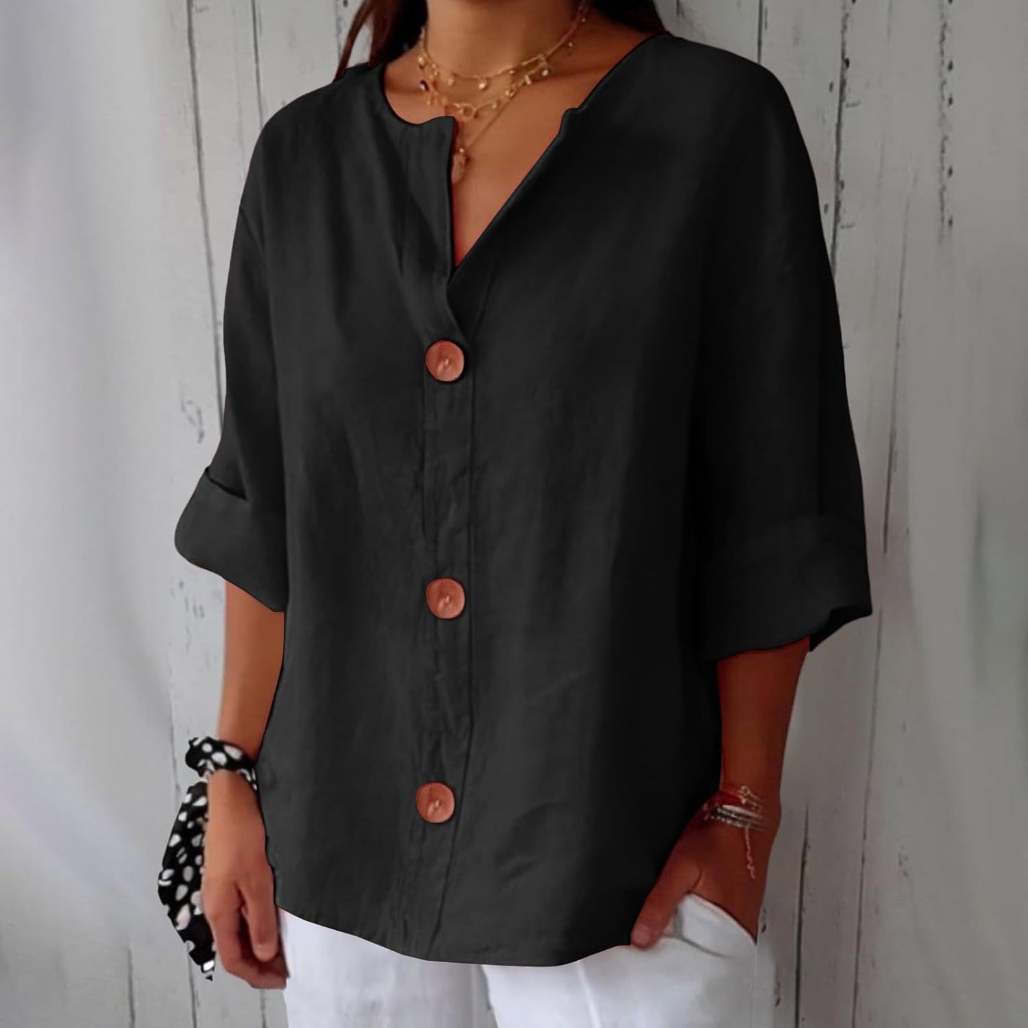TagesGlanz | Bequeme Bluse mit Dreiviertelärmeln und Knopfleiste