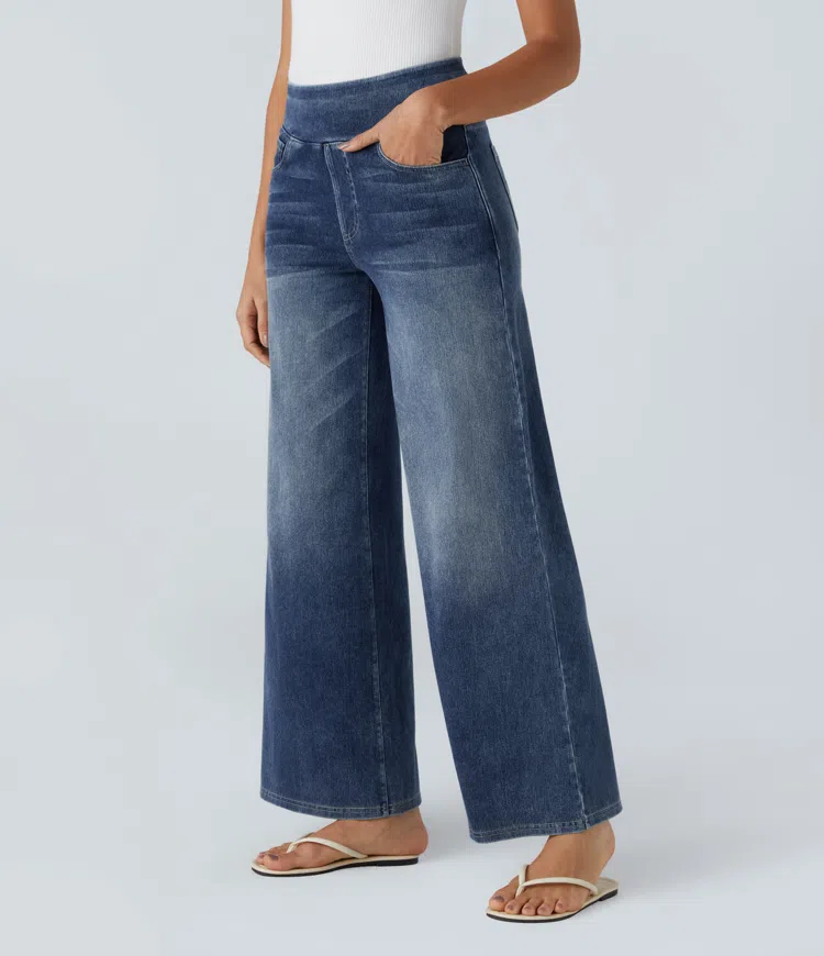 Weite Stretch-Jeans mit hoher Taille ohne Reißverschluss