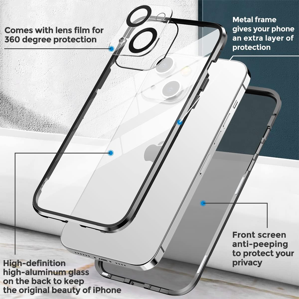 MagPrivacy-Hülle | 360° Rundumschutz, Anti-Spion Panzerglas für iPhone