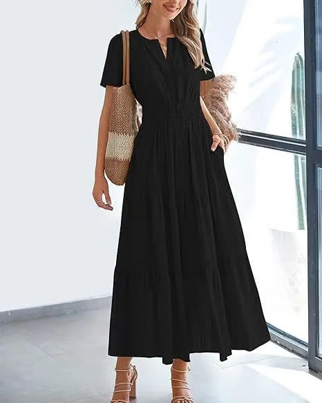 StilvollerFluss | Lockeres Maxikleid mit Taillierung und V-Ausschnitt