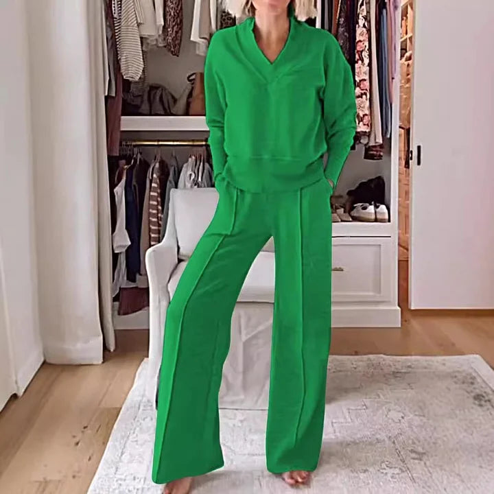 RelaxStil | Zweiteiliges Damen Set mit V-Ausschnitt Oberteil und Hose