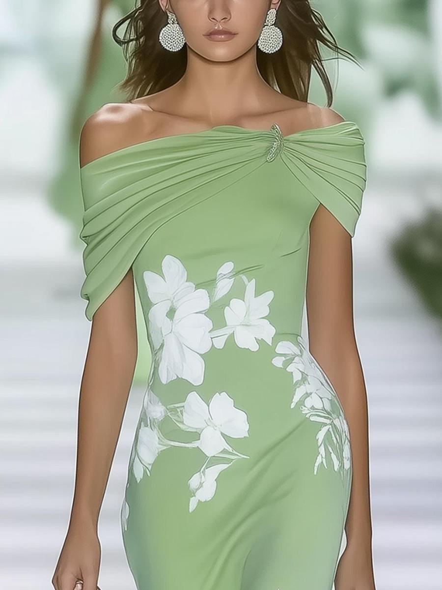 CocktailGlanz | Schulterfreies Midi-Kleid mit Blumenmuster