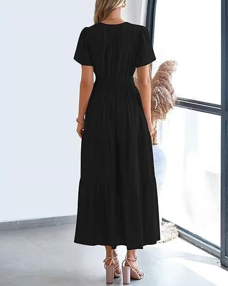 StilvollerFluss | Lockeres Maxikleid mit Taillierung und V-Ausschnitt