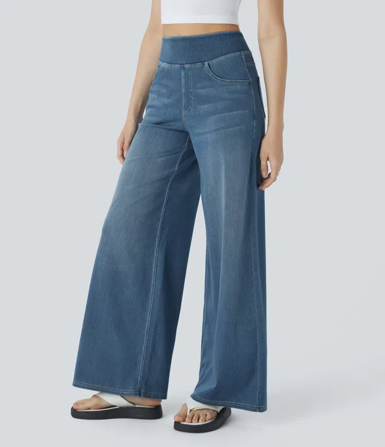 Weite Stretch-Jeans mit hoher Taille ohne Reißverschluss