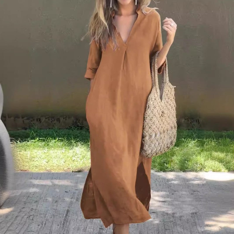 SommerLeicht | Lockeres Leinenkleid mit V-Ausschnitt