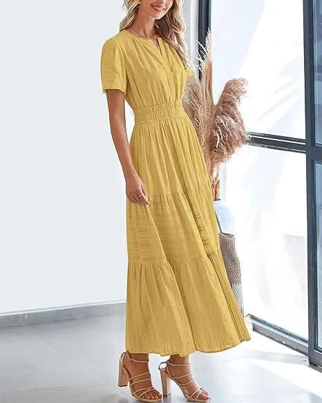 StilvollerFluss | Lockeres Maxikleid mit Taillierung und V-Ausschnitt