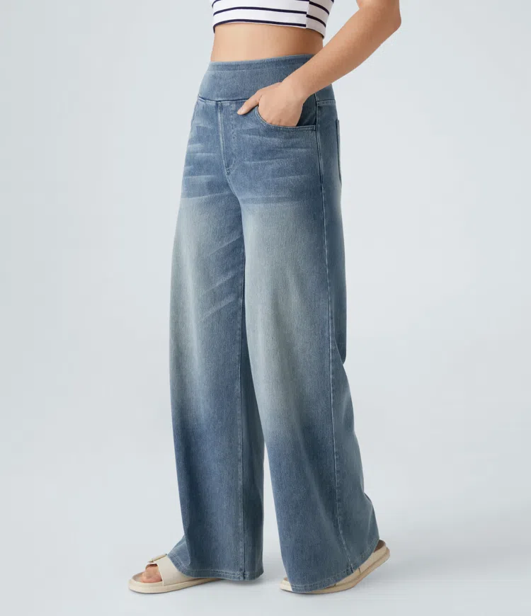 Weite Stretch-Jeans mit hoher Taille ohne Reißverschluss