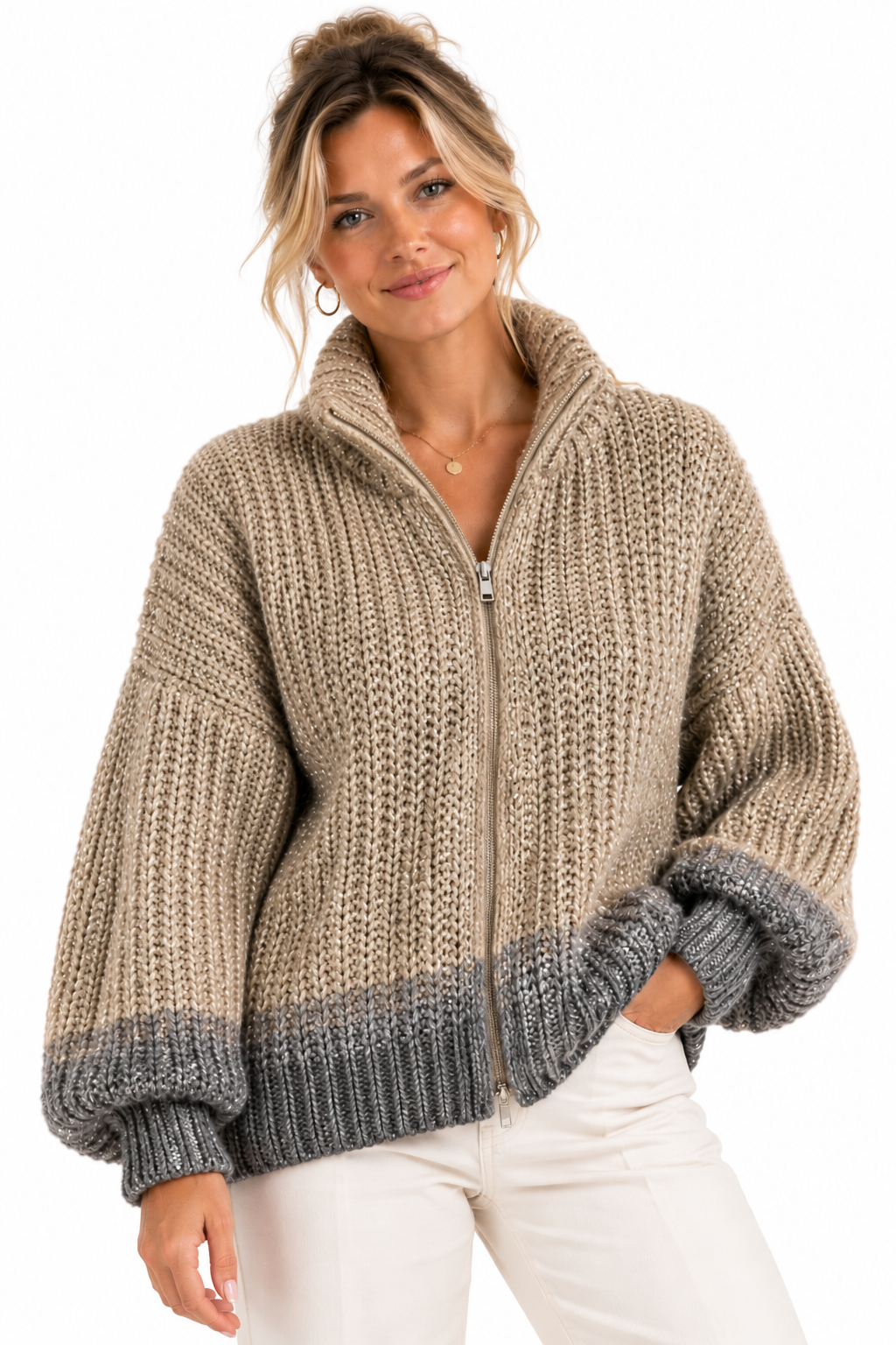 Glitzer-Strickjacke mit Stehkragen und Reißverschluss