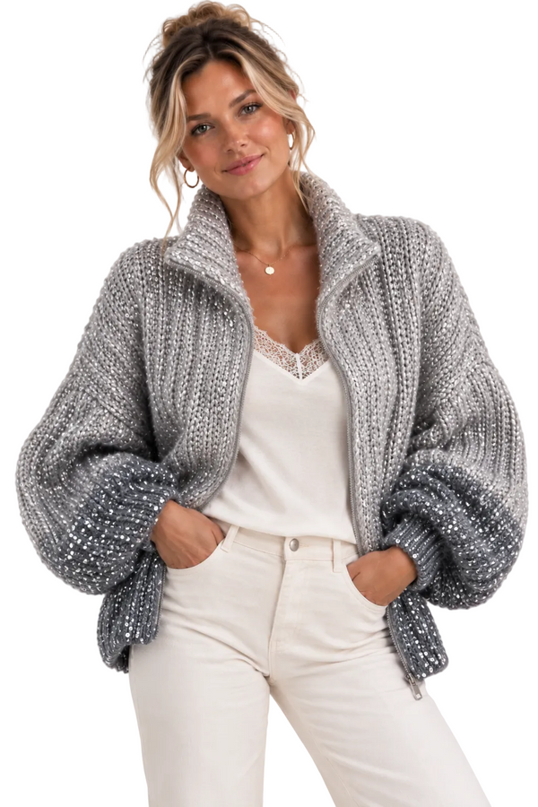 Glitzer-Strickjacke mit Stehkragen und Reißverschluss