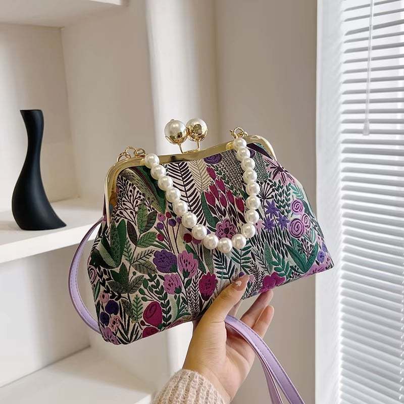 FloraPerle | Vintage Handtasche mit Perlengriff & Blumenmuster