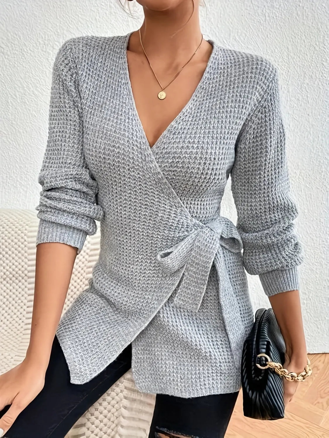 StrickChic | Damen Wickelstrickjacke mit Bindegürtel