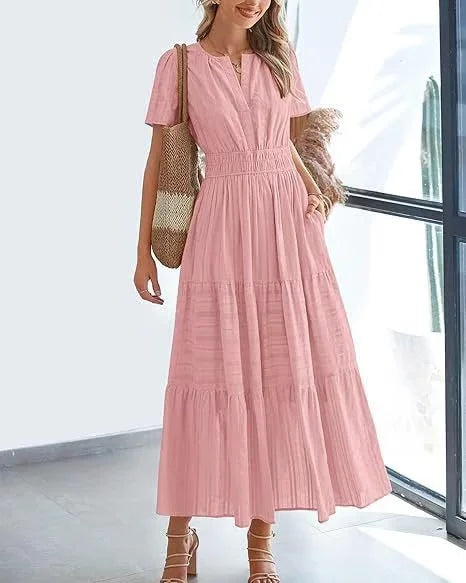 StilvollerFluss | Lockeres Maxikleid mit Taillierung und V-Ausschnitt