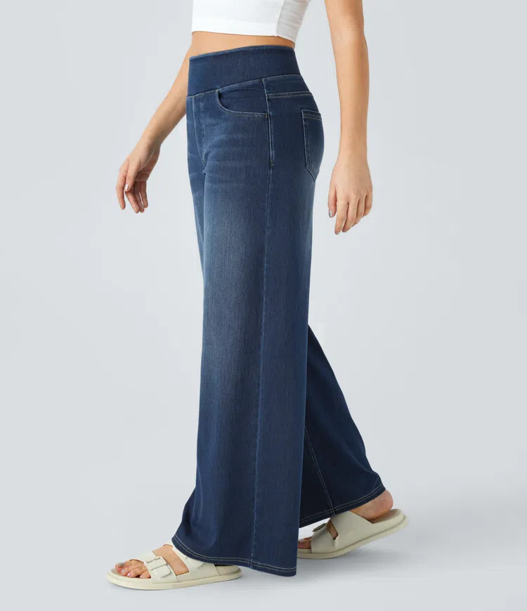 Weite Stretch-Jeans mit hoher Taille ohne Reißverschluss