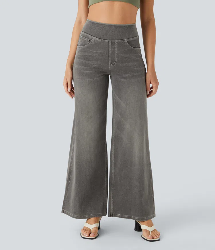 Weite Stretch-Jeans mit hoher Taille ohne Reißverschluss