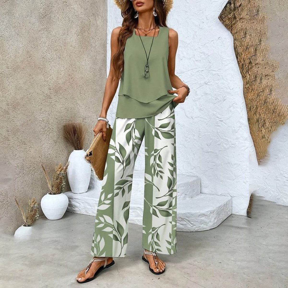SommerZweig | Zweiteiliges Set mit Ärmellosem Top & Weitbein-Hose
