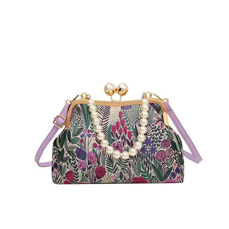 FloraPerle | Vintage Handtasche mit Perlengriff & Blumenmuster