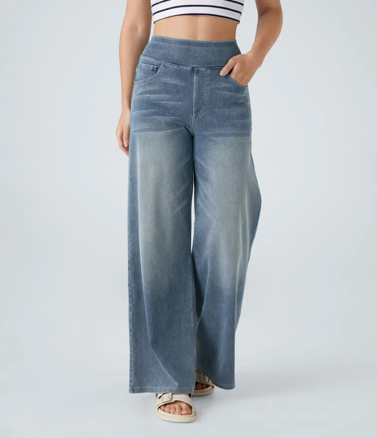 Weite Stretch-Jeans mit hoher Taille ohne Reißverschluss