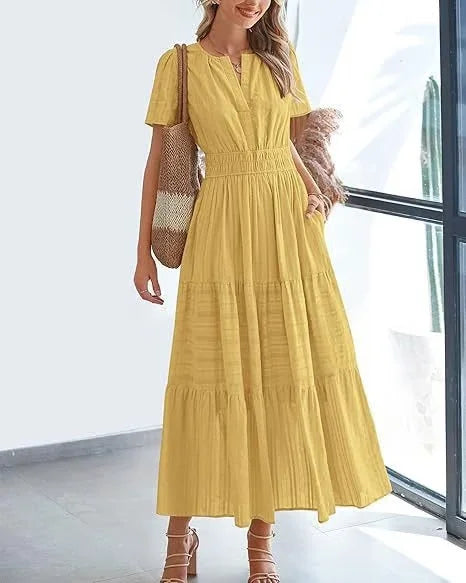 StilvollerFluss | Lockeres Maxikleid mit Taillierung und V-Ausschnitt