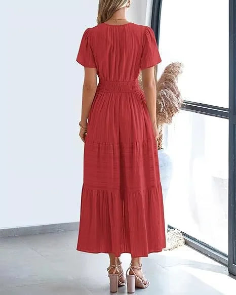StilvollerFluss | Lockeres Maxikleid mit Taillierung und V-Ausschnitt