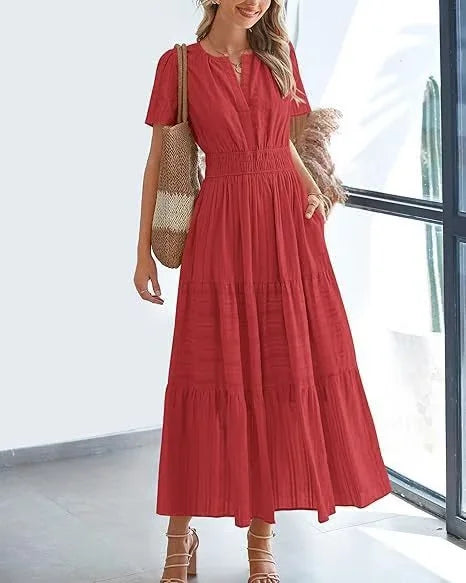 StilvollerFluss | Lockeres Maxikleid mit Taillierung und V-Ausschnitt
