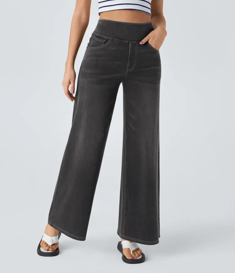 Weite Stretch-Jeans mit hoher Taille ohne Reißverschluss